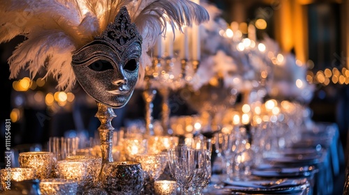 Masked New Yeara??s decorations with cascading silver fabrics, feather centerpieces, and candlelit ambiance photo