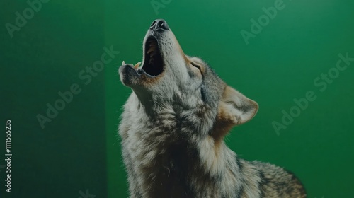 A majestic wolf howls against a vibrant green background, capturing the essence of wilderness and the beauty of nature in a stunning close-up portrait. photo