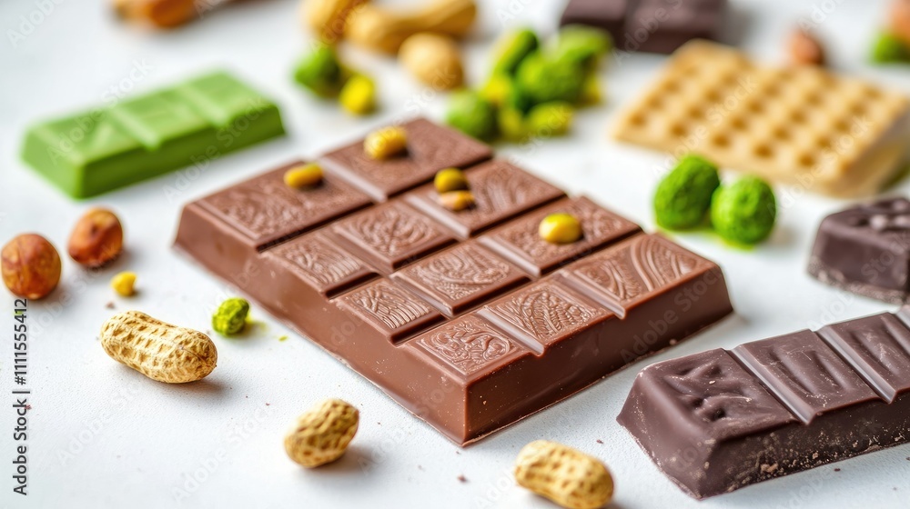 A variety of chocolate bars and nuts arranged artistically on a white background. A variety of chocolate bars and nuts arranged artistically on a white background.