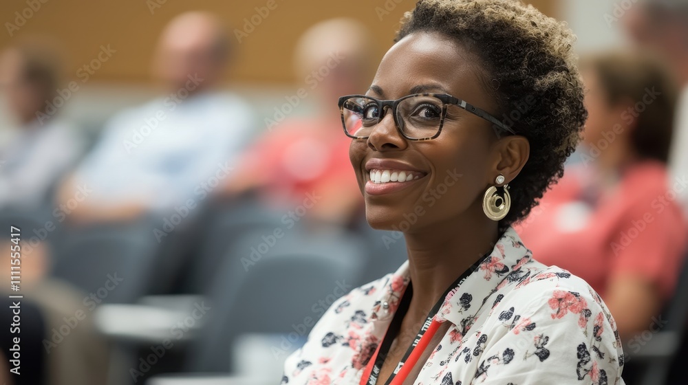 Fototapeta premium Smiling woman in glasses sits at conference. Ideal for themes of education, business, success.