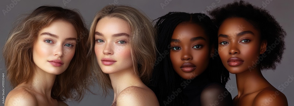 Portrait of Four Diverse Women Celebrating Unity and Natural Beauty with Glowing Skin and Ethereal Lighting Portrait of Four Diverse Women Celebrating Unity and Natural Beauty with Glowing Skin and Ethereal Lighting
