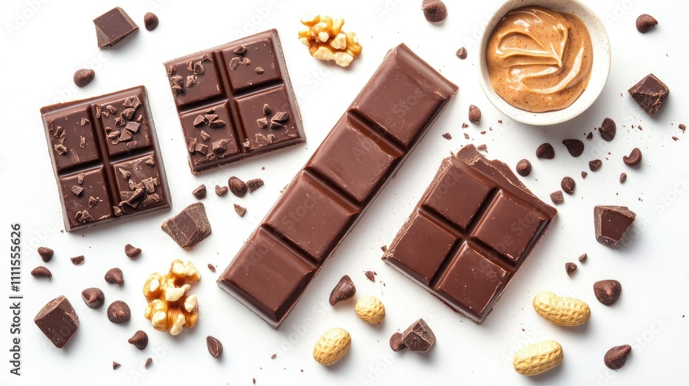 A variety of chocolate bars and peanut butter arranged artistically on a white background. A variety of chocolate bars and peanut butter arranged artistically on a white background.