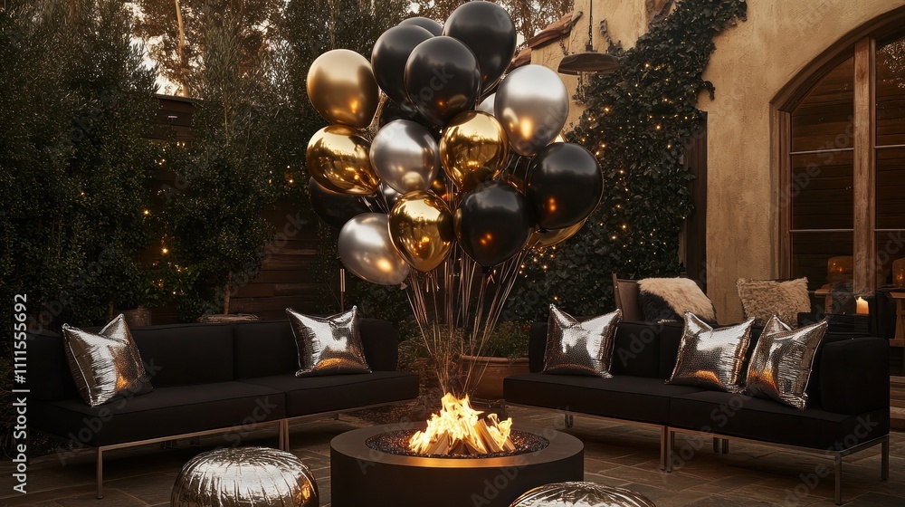 Luxurious New Year's Eve outdoor scene with metallic balloon bouquets in black, silver, and gold, set around a fire pit area with cozy seating Luxurious New Year's Eve outdoor scene with metallic balloon bouquets in black, silver, and gold, set around a fire pit area with cozy seating