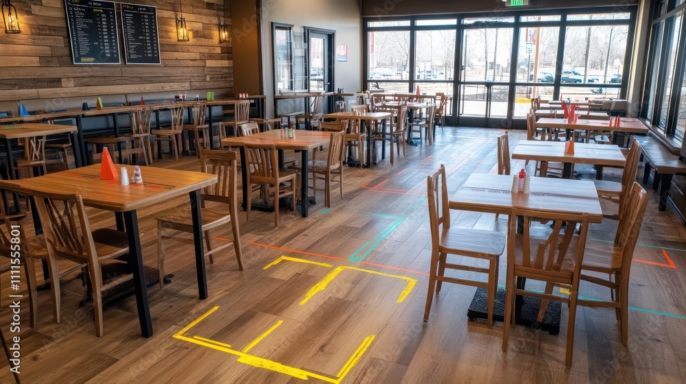 Restaurant seating for social distancing, tables spaced out with markers Restaurant seating for social distancing, tables spaced out with markers