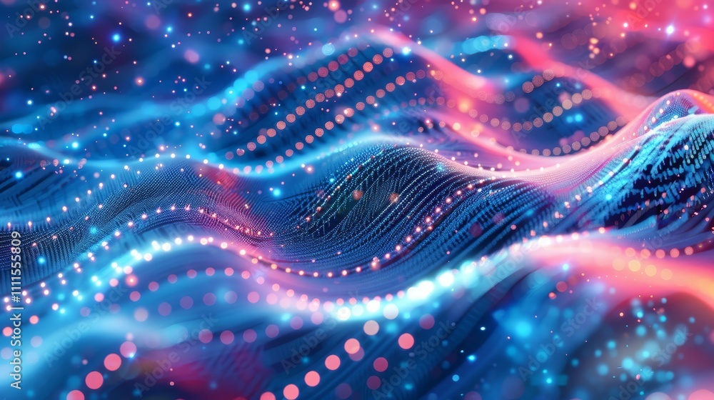 Abstract background with glowing particles forming wavy surface, representing digital cyberspace and data flow Abstract background with glowing particles forming wavy surface, representing digital cyberspace and data flow
