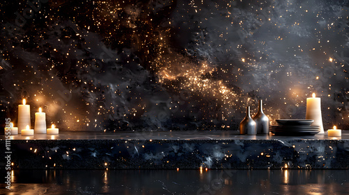 Elegant Candlelit Tabletop with Starry Background and Sparkles