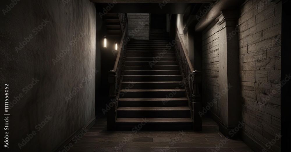 Dark wood staircase descending into the basement, basement, bar Dark wood staircase descending into the basement, basement, bar