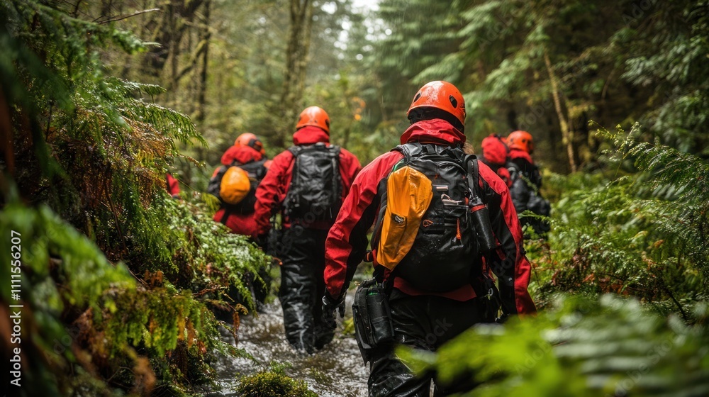 Search and rescue team operating in wilderness with rescue gear Search and rescue team operating in wilderness with rescue gear