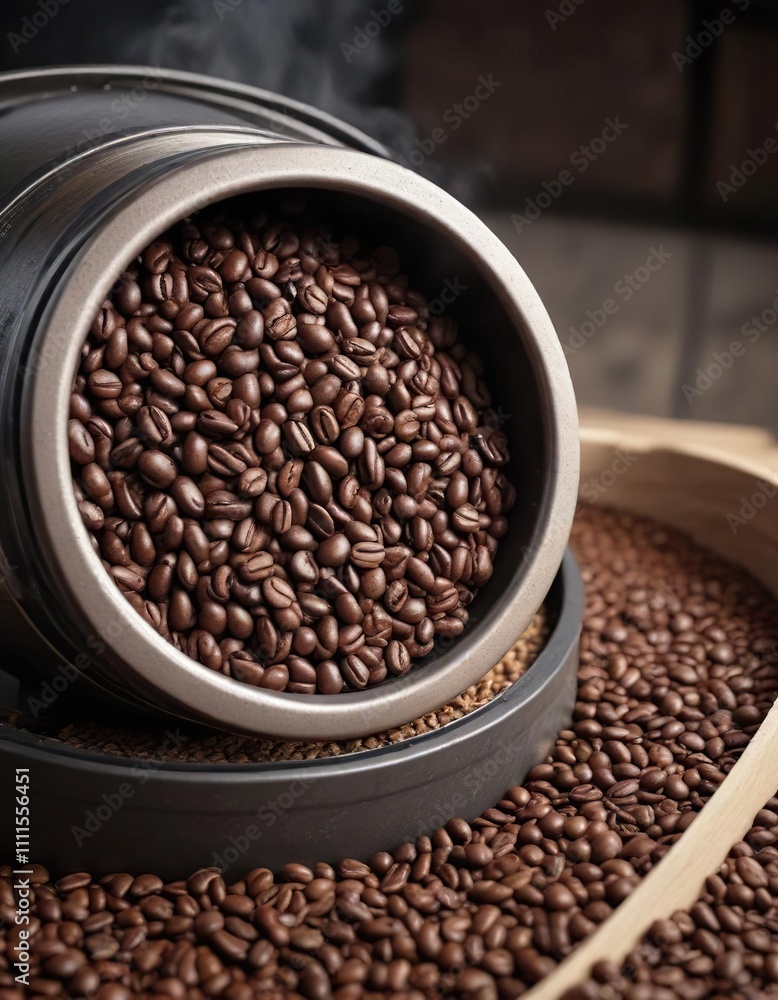 Fototapeta premium Coffee beans in a coffee roaster or drum roaster machine , coffee processing, coffee roasting machine, coffee drum roaster