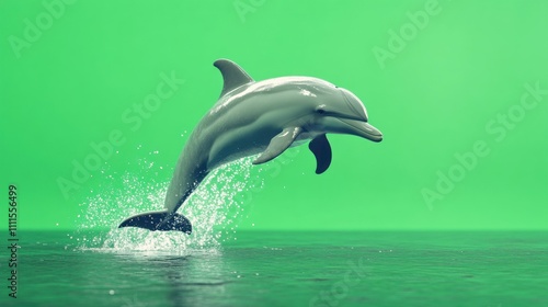 A Captivating Dolphin Leaping Gracefully Above Crystal-Clear Water with Splashes Against a Vibrant Green Backdrop for Nature and Marine Life Themes photo