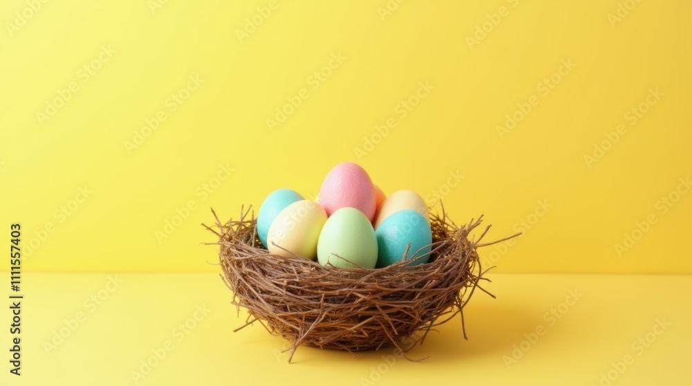 An arrangement of colorful Easter eggs in a nest on a solid yellow background An arrangement of colorful Easter eggs in a nest on a solid yellow background