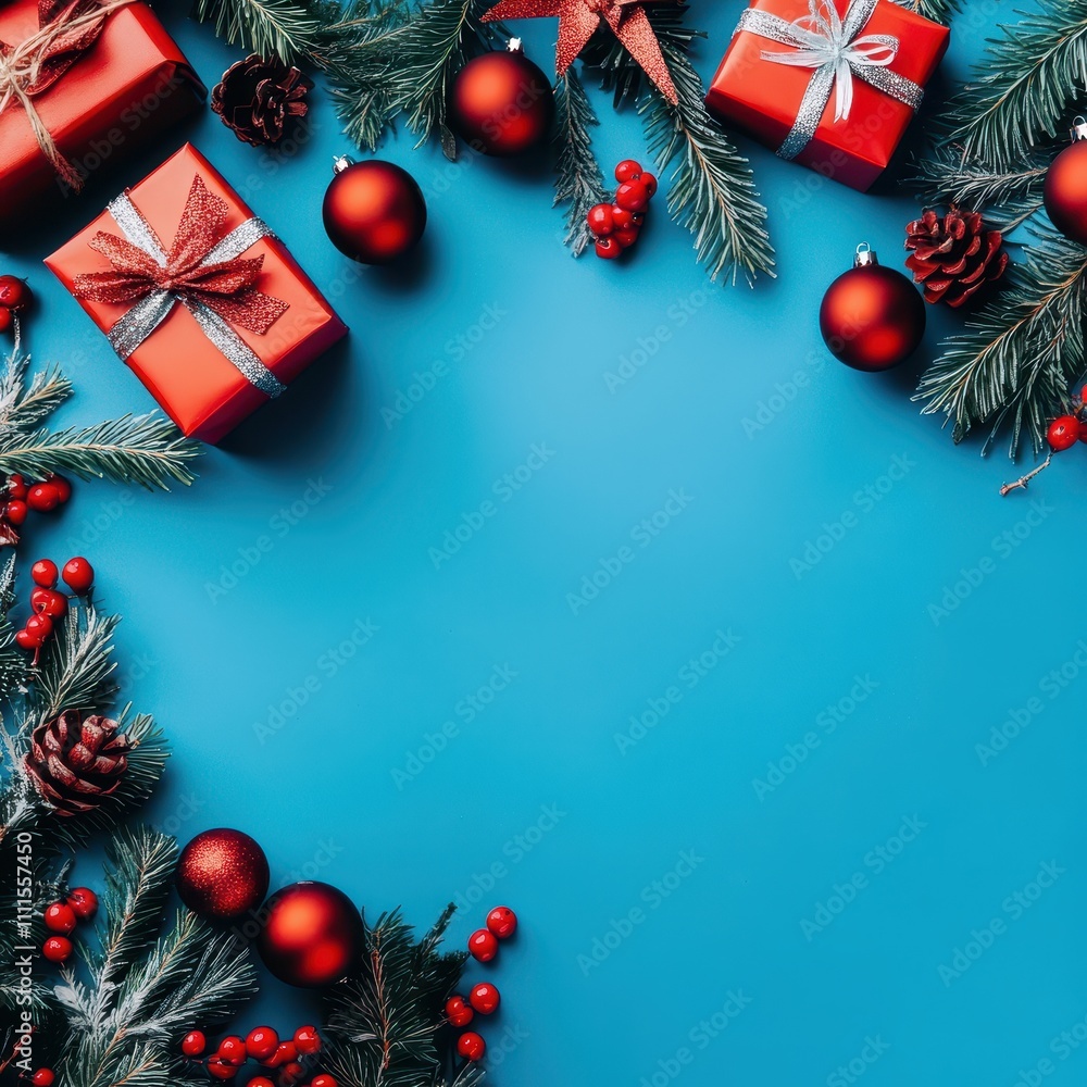 Seasonal flat lay, red balls and decorative gifts, blue winter backdrop, holiday theme. Seasonal flat lay, red balls and decorative gifts, blue winter backdrop, holiday theme.