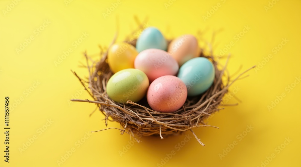An arrangement of colorful Easter eggs in a nest on a solid yellow background An arrangement of colorful Easter eggs in a nest on a solid yellow background