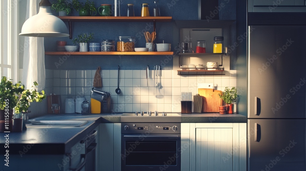 Cozy and Inviting Modern Kitchen with Natural Light, Stylish Shelves, and Engaging Decor Elements for Culinary Enthusiasts and Home Cooks Cozy and Inviting Modern Kitchen with Natural Light, Stylish Shelves, and Engaging Decor Elements for Culinary Enthusiasts and Home Cooks