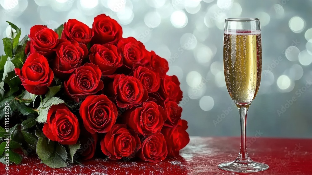 Bouquet of red roses with Stylish champagne glass with copy space for text isolated on red heart background Bouquet of red roses with Stylish champagne glass with copy space for text isolated on red heart background