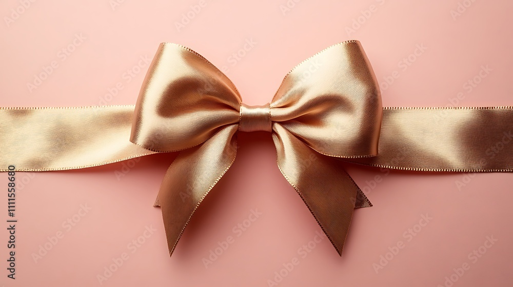 A luxurious gold ribbon bow, neatly tied with flowing edges, centered on a muted pastel pink background, soft gradient lighting enhancing its elegant curves, hd quality, minimalist design. --ar 16:9 A luxurious gold ribbon bow, neatly tied with flowing edges, centered on a muted pastel pink background, soft gradient lighting enhancing its elegant curves, hd quality, minimalist design. --ar 16:9