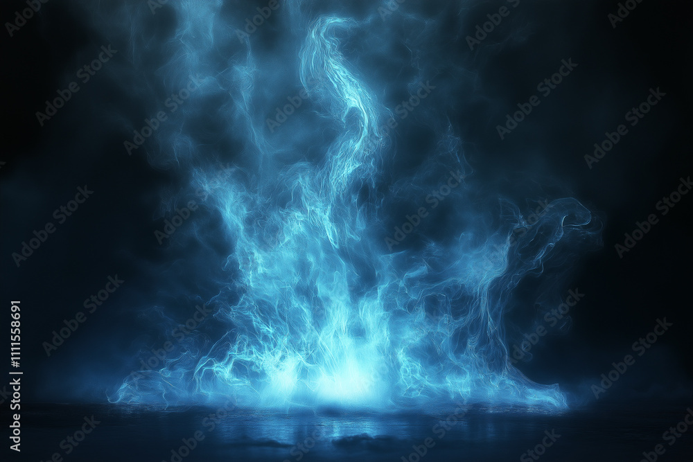 Dark background, glowing blue light on the ground, smoke surrounding the scene, dark fantasy style, game design, concept abstract art. Dark background, glowing blue light on the ground, smoke surrounding the scene, dark fantasy style, game design, concept abstract art.
