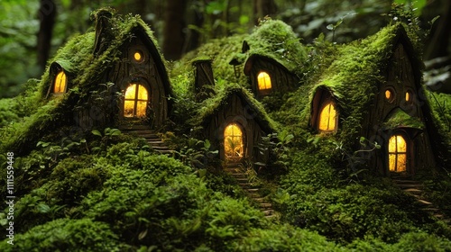 Moss-covered fairy houses with glowing windows tucked into the corners the forest