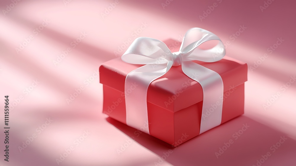 A miniature wrapped red gift box with a perfectly tied white ribbon, sharp and vibrant, placed on a pastel pink background, gentle gradient lighting for a soft minimalist look, hd quality. --ar 16:9 A miniature wrapped red gift box with a perfectly tied white ribbon, sharp and vibrant, placed on a pastel pink background, gentle gradient lighting for a soft minimalist look, hd quality. --ar 16:9
