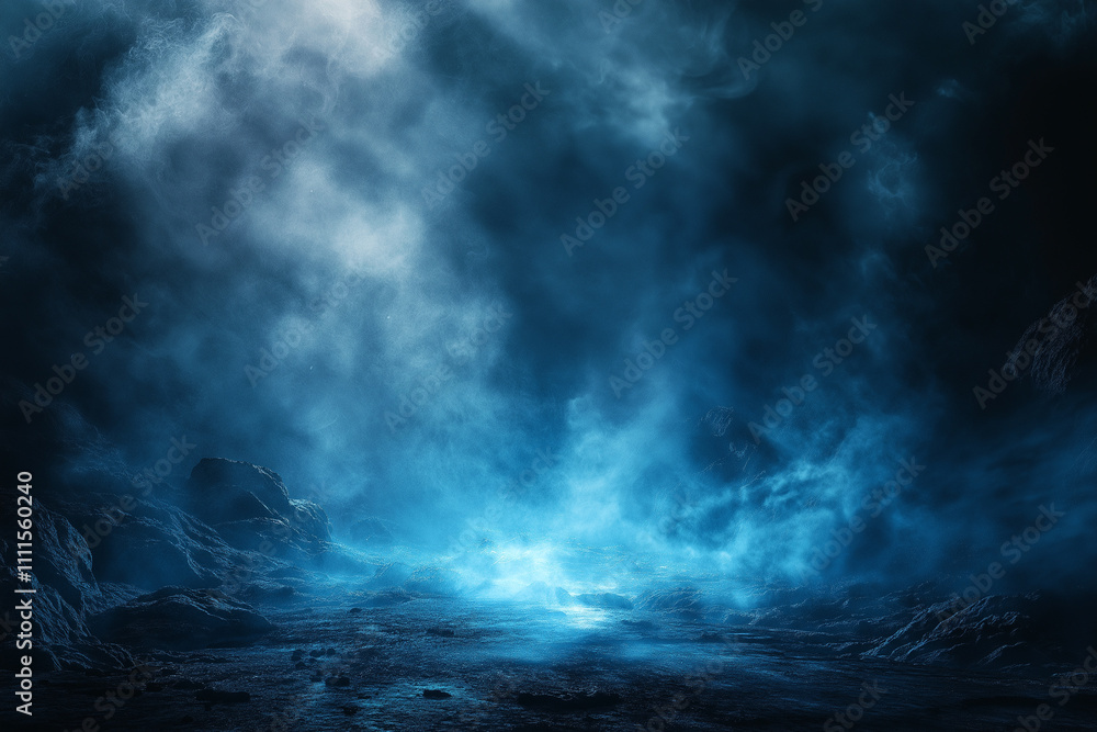 Dark background, glowing blue light on the ground, smoke surrounding the scene, dark fantasy style, game design, concept abstract art. Dark background, glowing blue light on the ground, smoke surrounding the scene, dark fantasy style, game design, concept abstract art.
