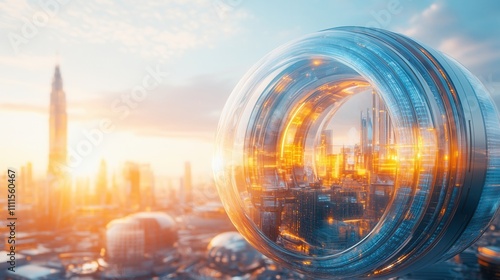 A futuristic cityscape with a transparent  circular structure reflecting sunlight  showcasing advanced architecture and a vibrant atmosphere.