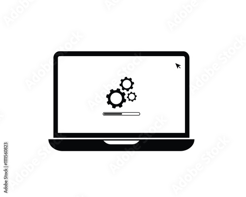 Laptop computer with software update screen flat vector illustration, System maintenance, update process, install software, operating system,