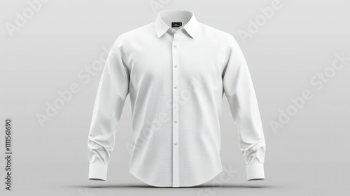 A white dress shirt displayed on a gray background, showcasing its design and fit.