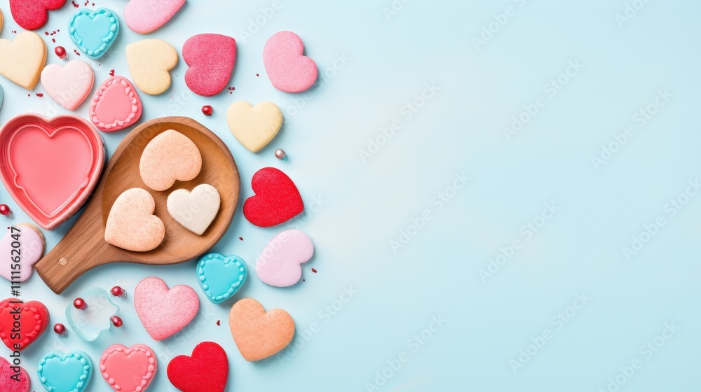 Colorful Heart-Shaped Cookies on a Light Blue Background with Wooden Spoon and Decorative Elements for Romantic Occasions and Celebrations Colorful Heart-Shaped Cookies on a Light Blue Background with Wooden Spoon and Decorative Elements for Romantic Occasions and Celebrations