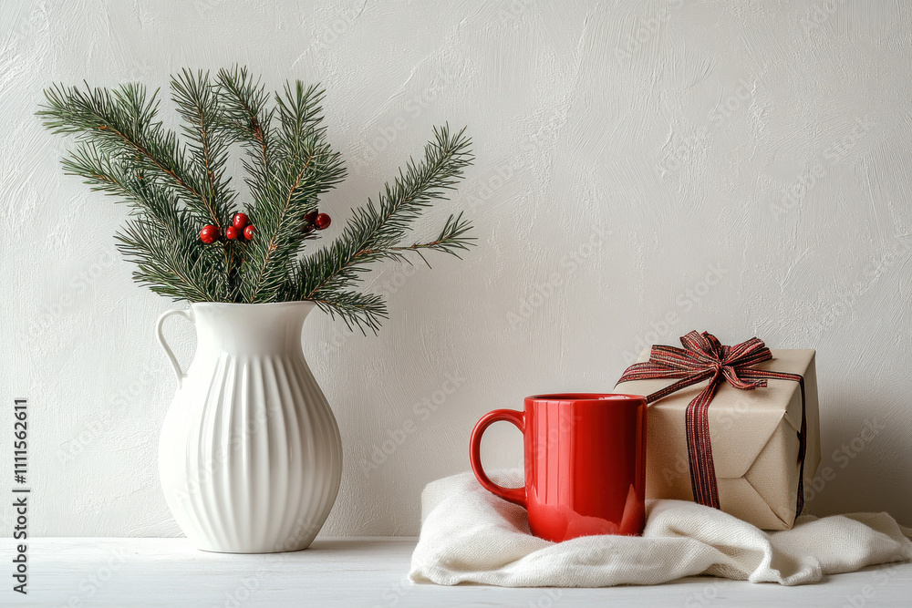 A red mug and white vase hold a miniature Christmas tree, set against a cozy background. A red mug and white vase hold a miniature Christmas tree, set against a cozy background.
