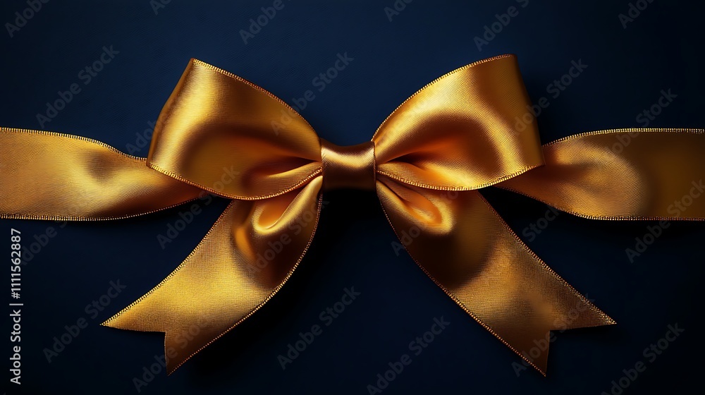 A radiant gold ribbon bow, with a silky sheen, centered on a deep navy blue background, illuminated by soft gradient lighting for a refined and luxurious look, hd quality, minimalist style. --ar 16:9 A radiant gold ribbon bow, with a silky sheen, centered on a deep navy blue background, illuminated by soft gradient lighting for a refined and luxurious look, hd quality, minimalist style. --ar 16:9