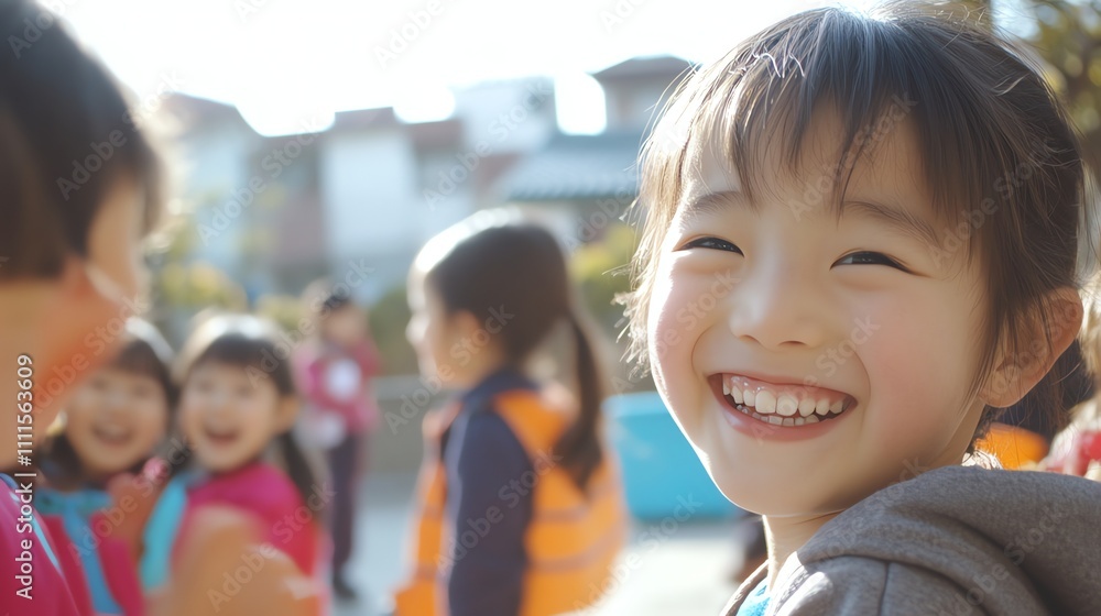A young girl smiles at the camera, with other children in the blurry background. A young girl smiles at the camera, with other children in the blurry background.