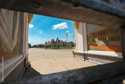 Mysuru palace Beautiful decoated interior ceiling and pillars of the Ambavilasa Hall, inside the royal Mysore  photo