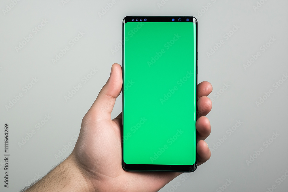 An empty green screen of smartphone is held in the hand, plain white background. An empty green screen of smartphone is held in the hand, plain white background.