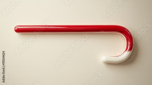 A simple red and white candy cane, glossy finish, suspended mid-frame against a light cream background, delicate lighting creating soft highlights and shadows, hd quality, minimalist composition.