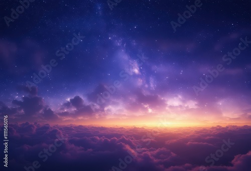 Sunset Above Purple Clouds and Starry Sky.