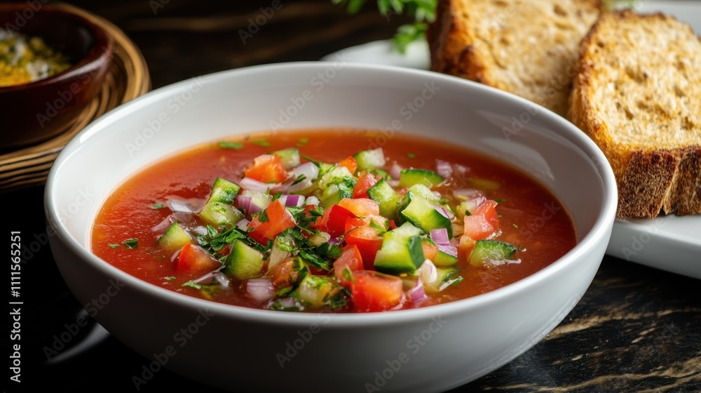 Cold gazpacho soup with tomato, cucumber and onion Cold gazpacho soup with tomato, cucumber and onion