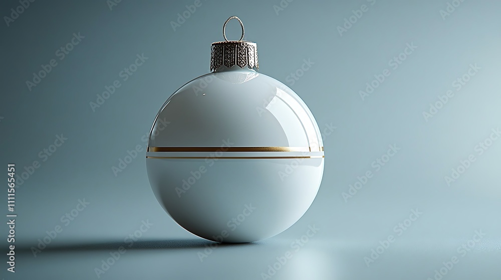 A single white bauble with a bold golden stripe around its middle, suspended gracefully on a clean gray background, gentle lighting creating glowing reflections and delicate shadows, A single white bauble with a bold golden stripe around its middle, suspended gracefully on a clean gray background, gentle lighting creating glowing reflections and delicate shadows,