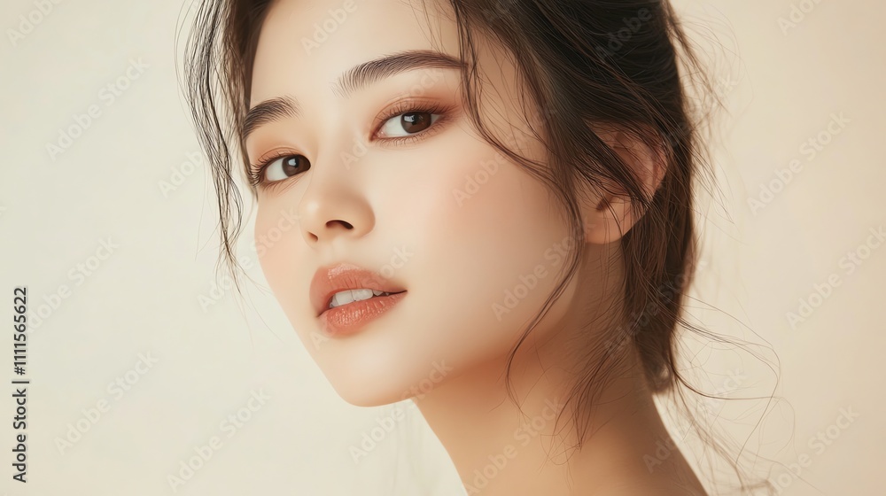 A young woman with soft makeup and glowing skin looks at the camera. A young woman with soft makeup and glowing skin looks at the camera.