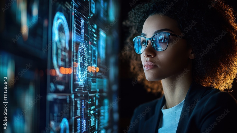 Woman analyzing laboratory forensics data in high-tech research facilities Woman analyzing laboratory forensics data in high-tech research facilities