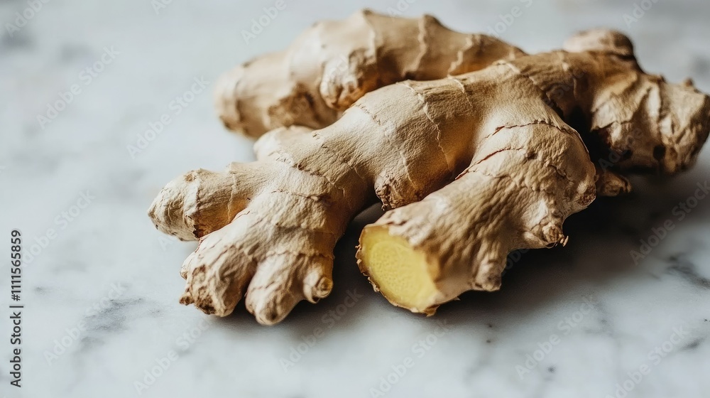 Fresh ginger root on a marble surface, showcasing its texture and natural form. Fresh ginger root on a marble surface, showcasing its texture and natural form.