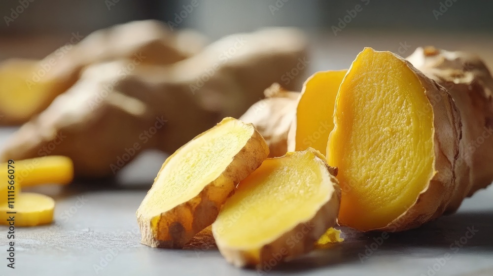 Fresh ginger root with sliced pieces showcasing its vibrant yellow interior. Fresh ginger root with sliced pieces showcasing its vibrant yellow interior.
