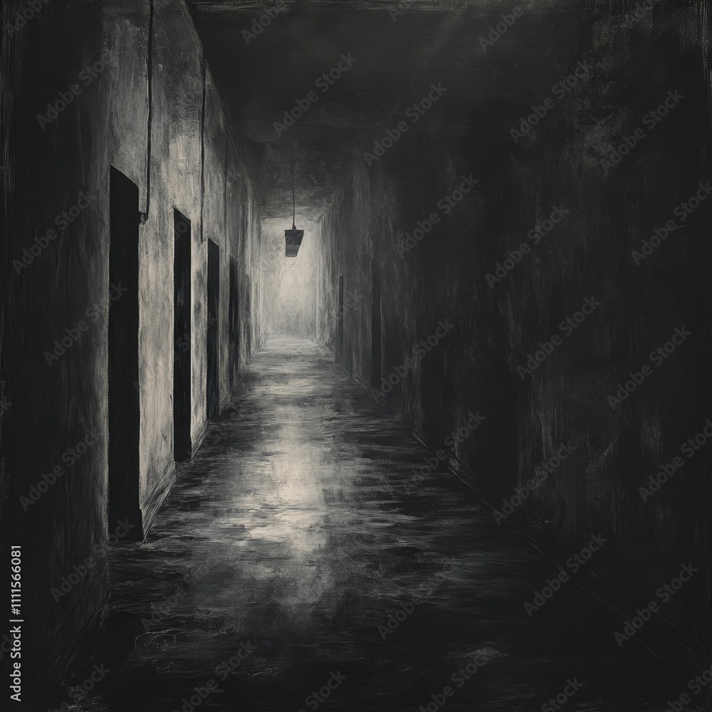 Dark hallway, distant light, shadowed doors, aged walls. Dark hallway, distant light, shadowed doors, aged walls.
