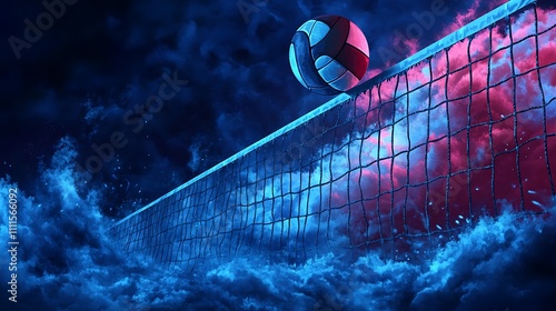 Volleyball soaring over net, dramatic night sky.