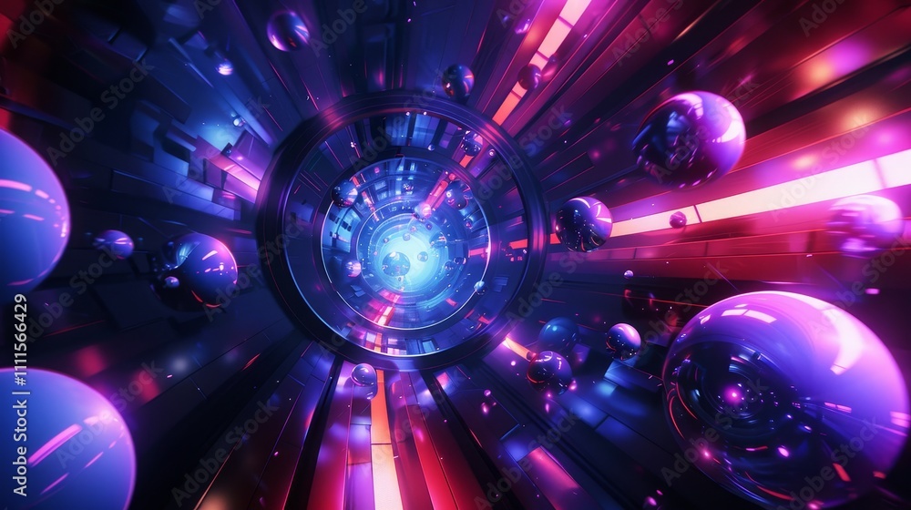 Futuristic tunnel with floating spheres and neon lights creating a mesmerizing and dynamic visual experience Futuristic tunnel with floating spheres and neon lights creating a mesmerizing and dynamic visual experience