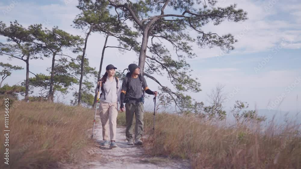 A couple is walking on a path in a forest. The man is wearing a backpack. The woman is wearing a hat A couple is walking on a path in a forest. The man is wearing a backpack. The woman is wearing a hat