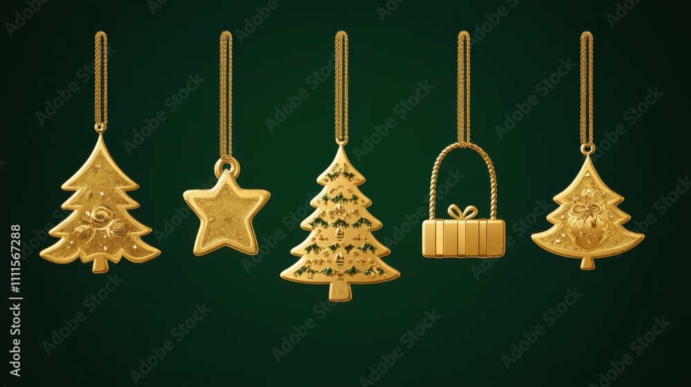 Elegant Golden Christmas Tree Ornaments with Gifts on Deep Green Background Elegant Golden Christmas Tree Ornaments with Gifts on Deep Green Background