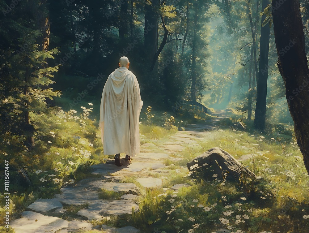 Solitary Monk Walking a Sunlit Forest Path, Digital Painting Solitary Monk Walking a Sunlit Forest Path, Digital Painting