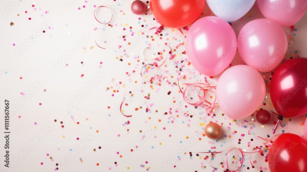 Colorful balloons and festive confetti scattered on a light wooden surface creating a vibrant celebration atmosphere perfect for parties and events Colorful balloons and festive confetti scattered on a light wooden surface creating a vibrant celebration atmosphere perfect for parties and events