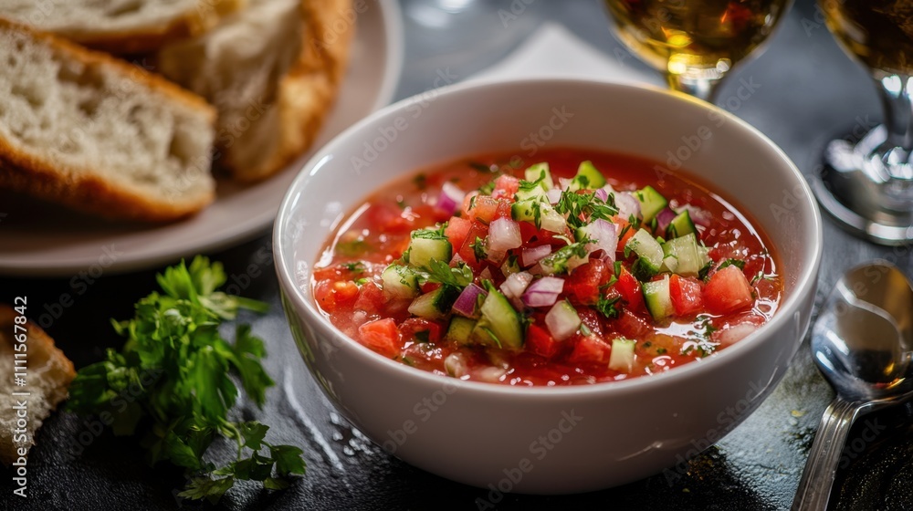 Traditional gazpacho soup with tomatoes, cucumbers, onion and parsley Traditional gazpacho soup with tomatoes, cucumbers, onion and parsley