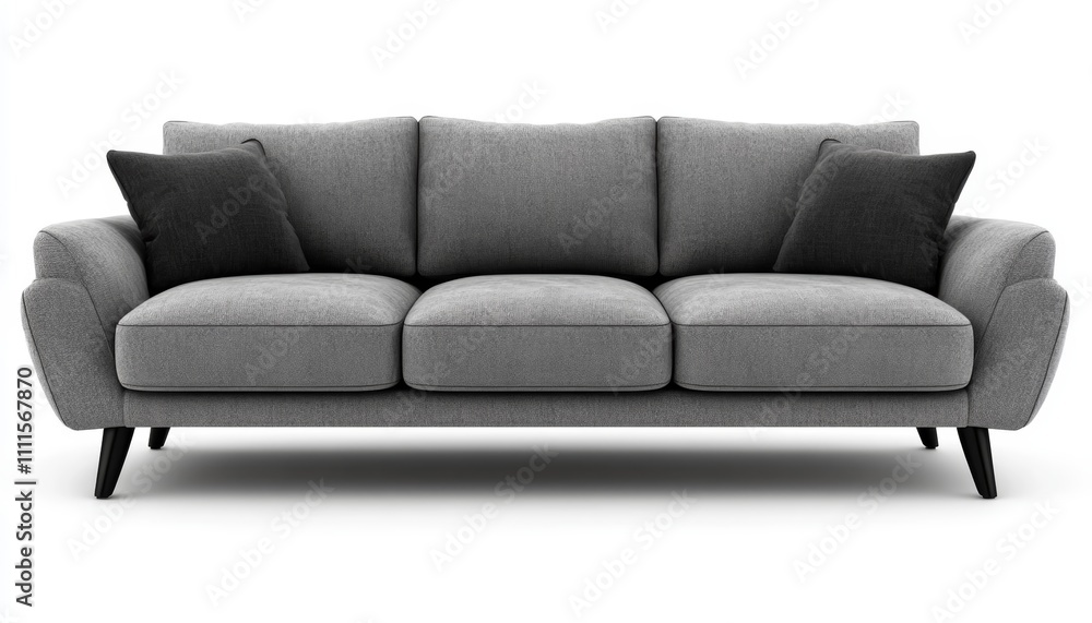 modern gray fabric three-seater sofa with black cushions isolated on white background modern gray fabric three-seater sofa with black cushions isolated on white background